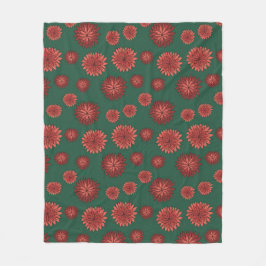 緑の背景に赤い花 フリースブランケット