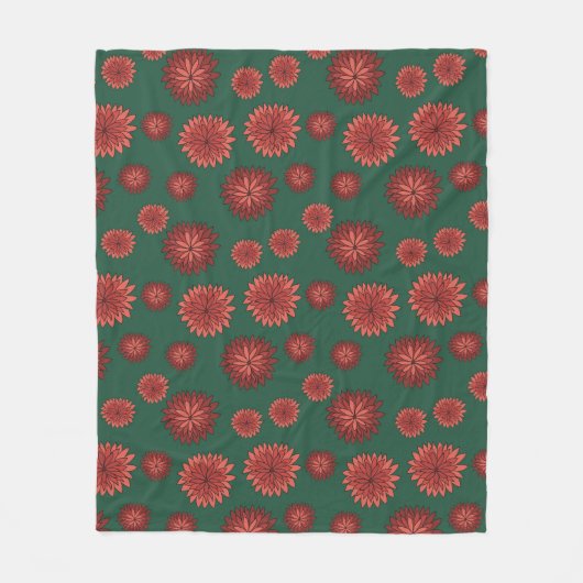 緑の背景に赤い花 フリースブランケット (正面)