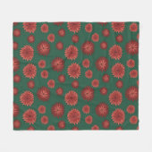 緑の背景に赤い花 フリースブランケット (正面(横))