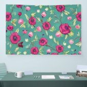 緑の背景に赤い花 横断幕 (トレードショー)