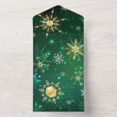 緑の背景に金のクリスマスの雪の結晶 オールインワン招待状 (内側)