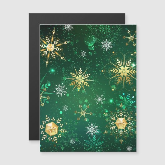 緑の背景に金のクリスマスの雪の結晶 マグネット招待状 (正面/裏面)