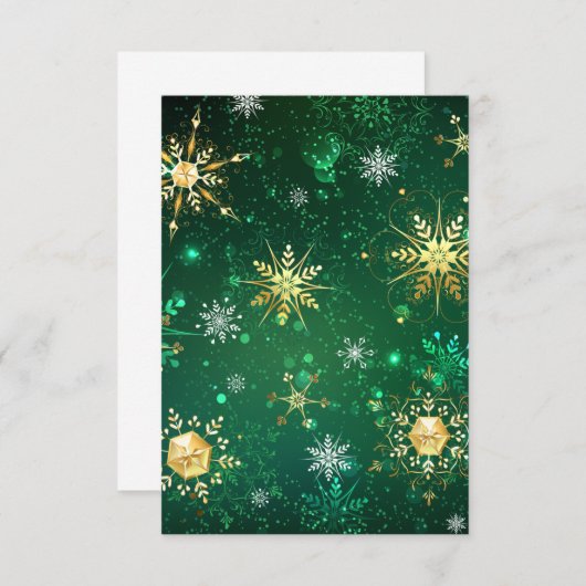 緑の背景に金のクリスマスの雪の結晶 招待状 (正面/裏面)