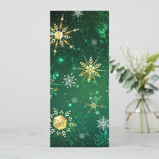 緑の背景に金のクリスマスの雪の結晶 招待状 (スタンド正面)