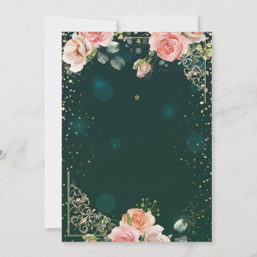 緑の背景に金のドレス、ティアラ、バラ、ダイヤモンドをあしらったミ・キンセアニエラ 招待状 (裏面)