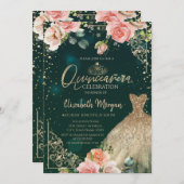  緑の背景に金のドレス、ティアラ、バラ、ダイヤモンドをあしらったミ・キンセアニエラ 招待状 (正面/裏面)