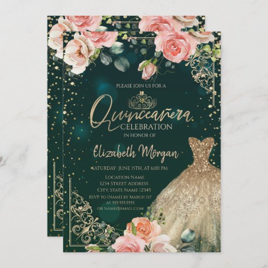 緑の背景に金のドレス、ティアラ、バラ、ダイヤモンドをあしらったミ・キンセアニエラ 招待状 (正面/裏面)