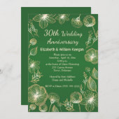 緑の背景に金色の花 30周年記念結婚式 招待状 (正面/裏面)