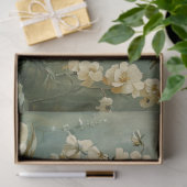 緑の背景のクリーム花模様 薄葉紙 (ギフト)