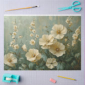 緑の背景のクリーム花模様 薄葉紙 (クラフト)