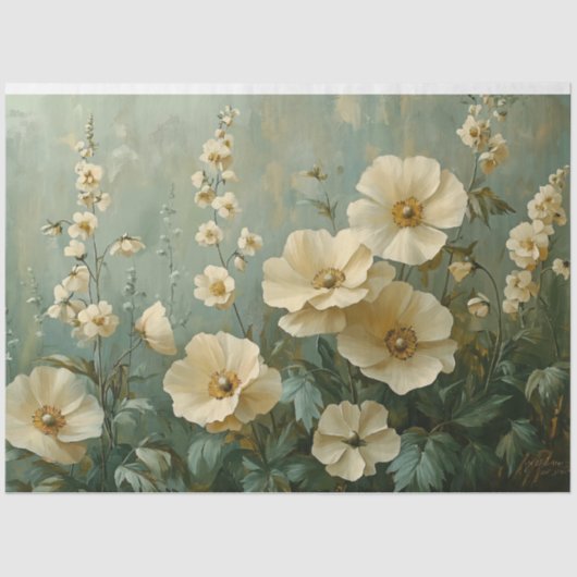 緑の背景のクリーム花模様 薄葉紙 (正面)