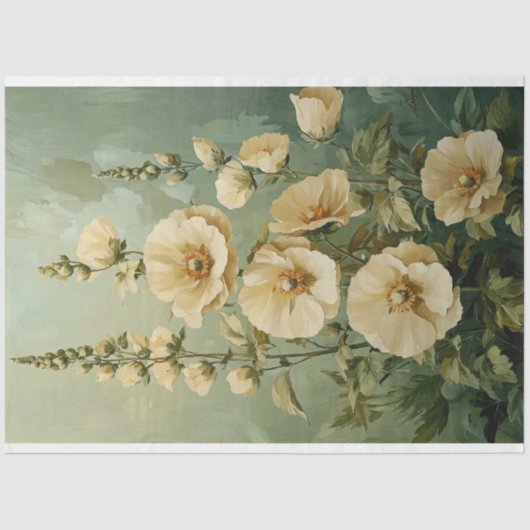 緑の背景のクリーム花模様 薄葉紙 (正面)