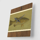 緑の背景のブラックバス スクエア壁時計 (傾斜)