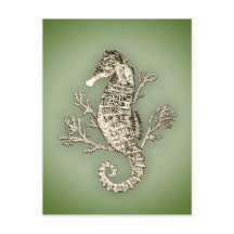 緑の背景の海馬とサンゴ