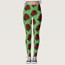 緑の背景の赤いバラの模様 レギンス