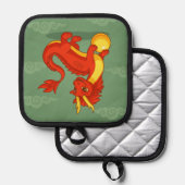 緑の背景の赤い中国のドラゴン 鍋敷き (正面/裏面)