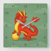 緑の背景の赤い中国の龍 スクエア壁時計 (正面)