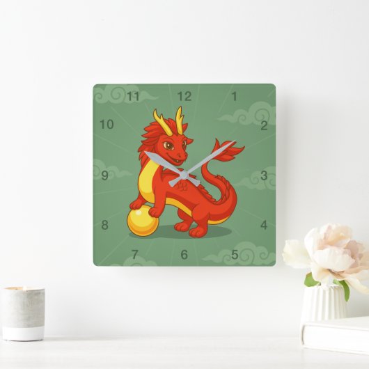 緑の背景の赤い中国の龍 スクエア壁時計 (ホーム)