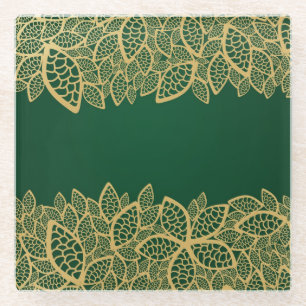 緑の背景の金葉のレース ガラスコースター