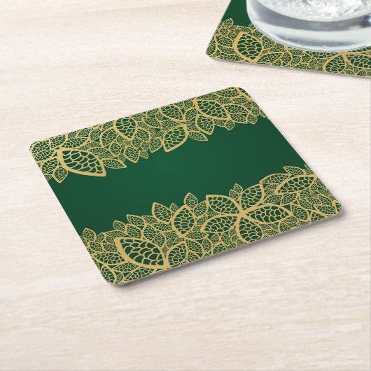 緑の背景の金葉のレース スクエアペーパーコースター (アングル)