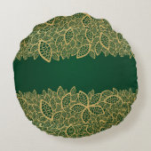 緑の背景の金葉のレース ラウンドクッション (裏面)