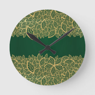 緑の背景の金葉のレース ラウンド壁時計