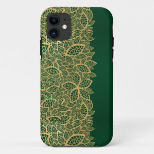 緑の背景の金葉のレース iPhone 11 ケース