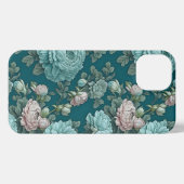 緑の背景の青い牡丹のパターン iPhoneケース (裏面横)