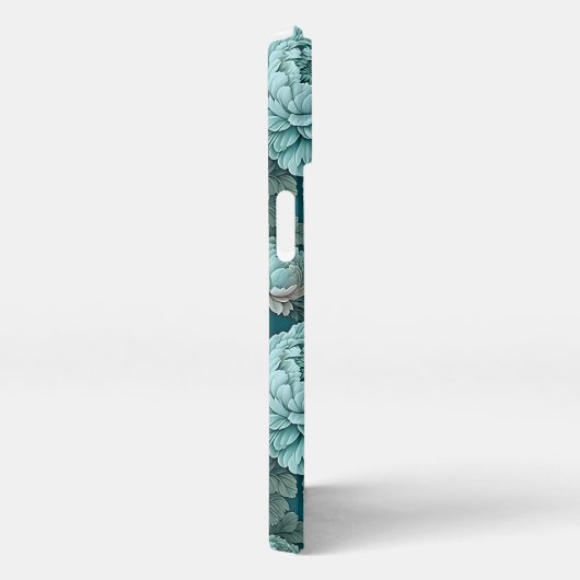 緑の背景の青い牡丹のパターン iPhoneケース (右側面)