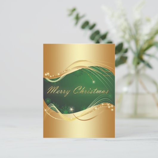 緑の背景を持つゴールデンクリスマスの動機 ポストカード (スタンド正面)