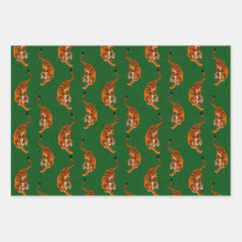 緑の背景を持つタイガーパターン ラッピングペーパーシート