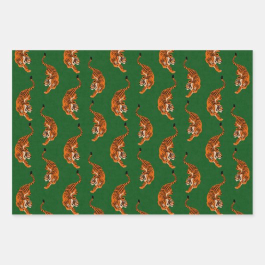 緑の背景を持つタイガーパターン ラッピングペーパーシート (正面)