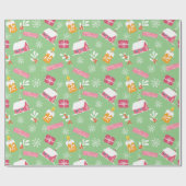 緑の背景を持つピンクのクリスマスパターン ラッピングペーパー (フラット)