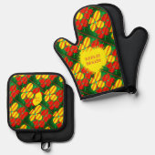 緑の背景を持つ黄色の赤い花模様 鍋つかみ&鍋敷きセット (正面/裏面)