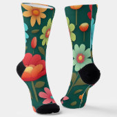 緑の背景パターンの花 ソックス (傾斜あり)