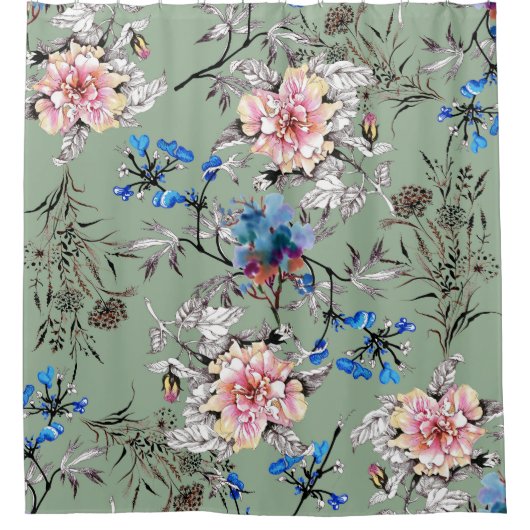 緑の背景フローラ水の色パターン。 シャワーカーテン (正面)