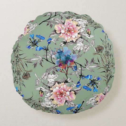 緑の背景フローラ水の色パターン。 ラウンドクッション (正面)