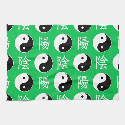緑の背景中国の陽模様 キッチンタオル (横)