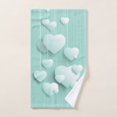 緑の背景(3D白色ハート) バスタオルセット (ハンドタオル)