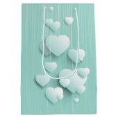 緑の背景(3D白色ハート) ミディアムペーパーバッグ (裏面)