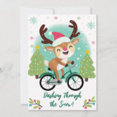緑の自転車のクリスマスカードに乗ったかわいいトナカイ シーズンカード (正面)