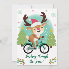 緑の自転車のクリスマスカードに乗ったかわいいトナカイ シーズンカード
