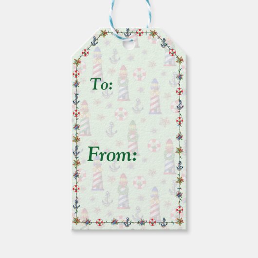 緑の航海の背景にクリスマスライトハウス ギフトタグ (正面)