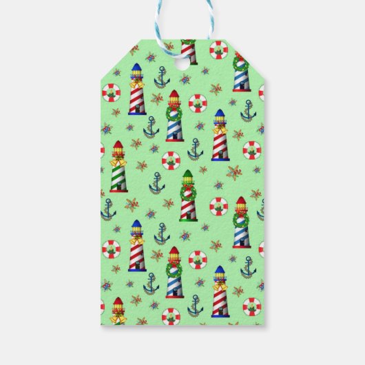 緑の航海の背景にクリスマスライトハウス ギフトタグ (裏面)