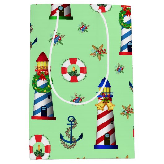 緑の航海の背景にクリスマスライトハウス ミディアムペーパーバッグ (正面)
