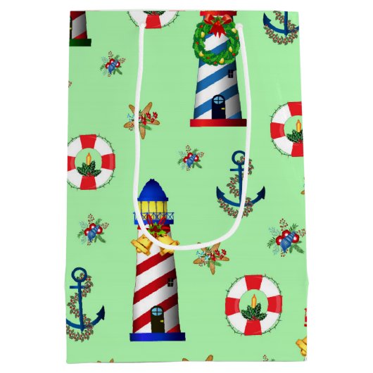 緑の航海の背景にクリスマスライトハウス ミディアムペーパーバッグ (裏面)
