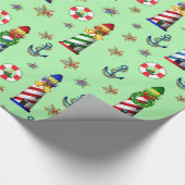 緑の航海の背景にクリスマスライトハウス ラッピングペーパー (角)