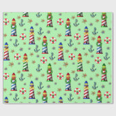 緑の航海の背景にクリスマスライトハウス ラッピングペーパー (フラット)