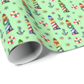 緑の航海の背景にクリスマスライトハウス ラッピングペーパー (ロールコーナー)