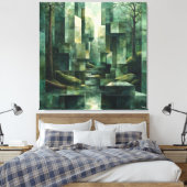 緑の色合いの幾何学的な森の抽象芸術 キャンバスプリント (インサイチュ (寝室))